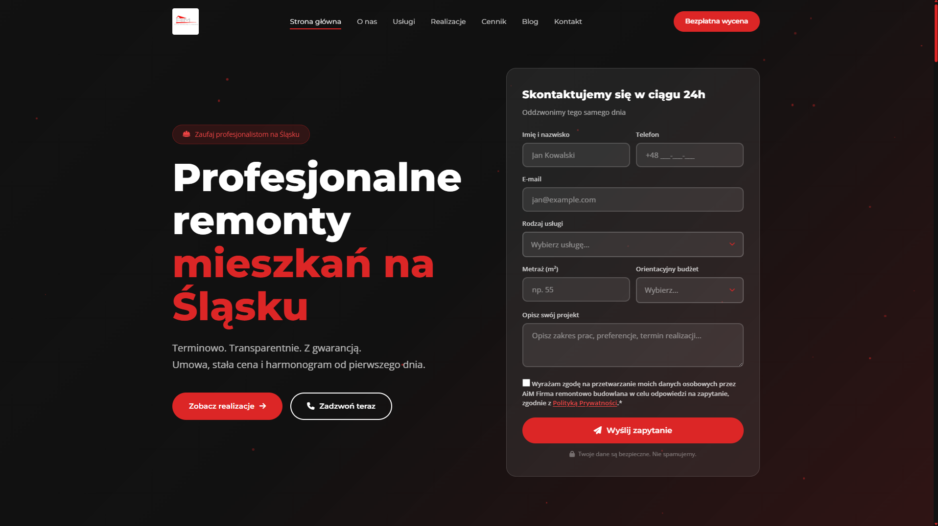 Screenshot strony AiM Remonty - firma remontowa, nowoczesny layout